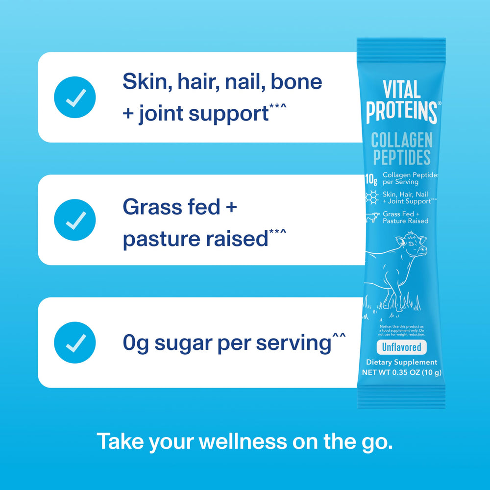 Vital Proteins bottle and box on a counter, premium collagen source for daily nourishment.