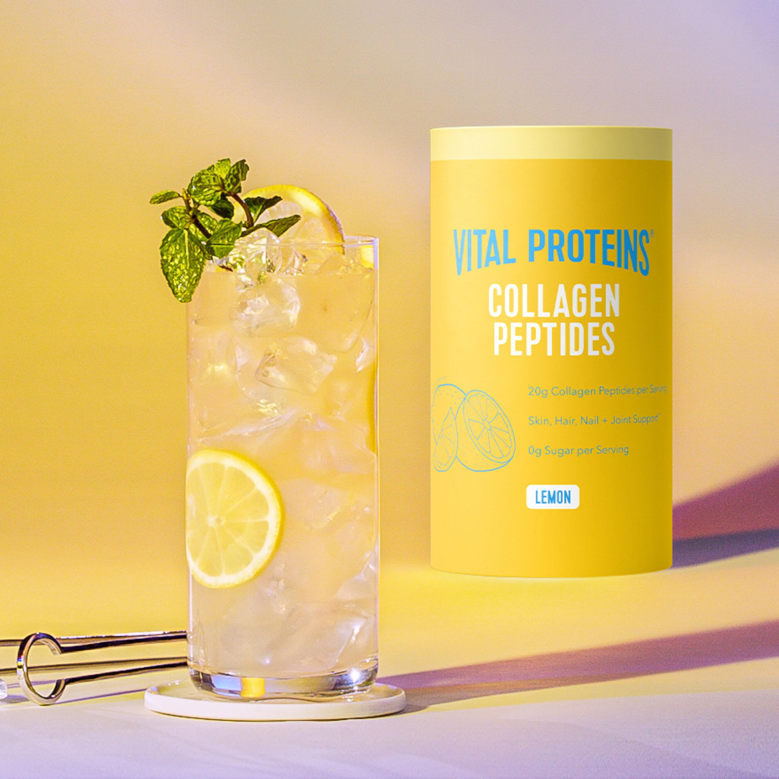 Vital Proteins collagen peptides lemon powder dissolving in water for easy daily hydration