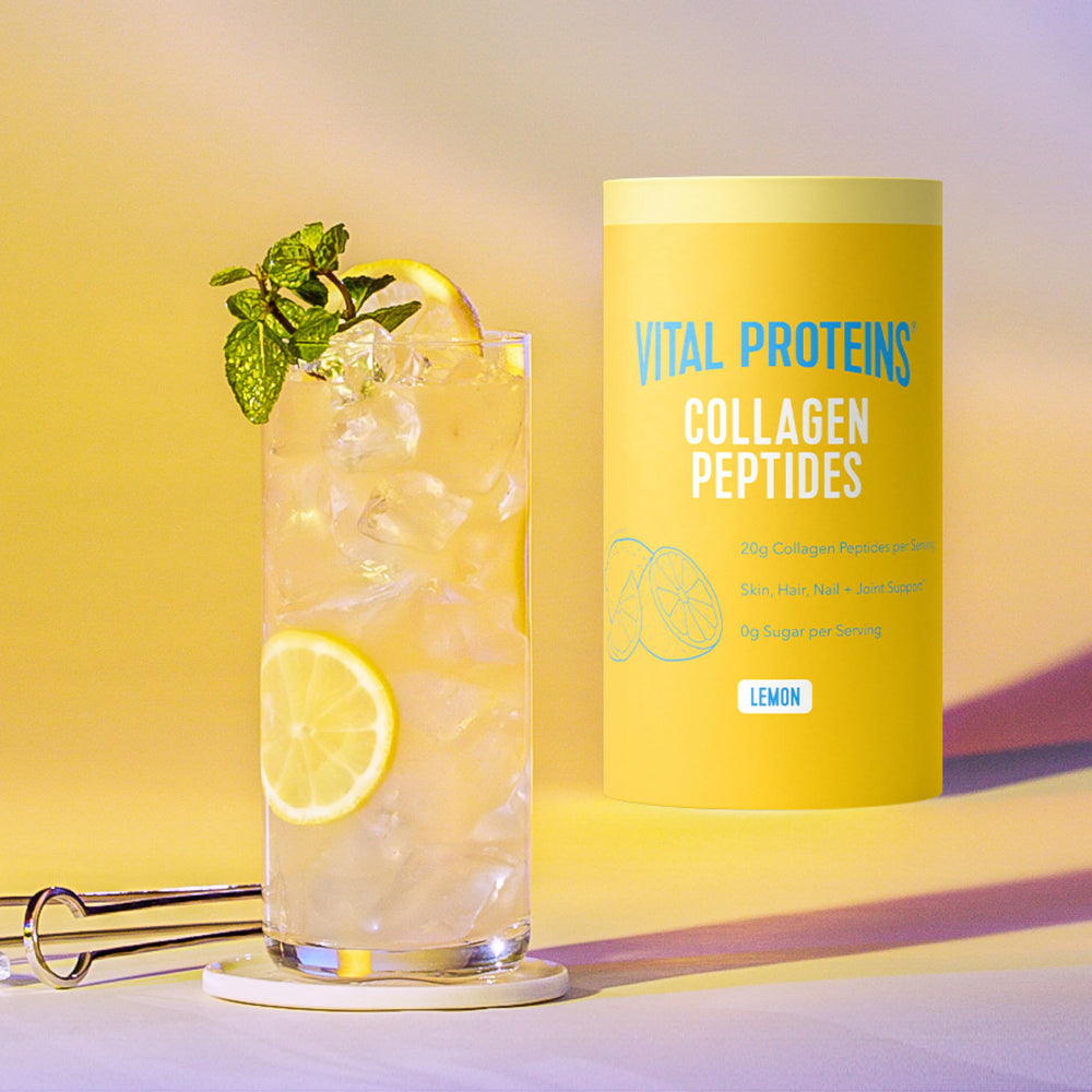 Vital Proteins collagen peptides lemon powder dissolving in water for easy daily hydration