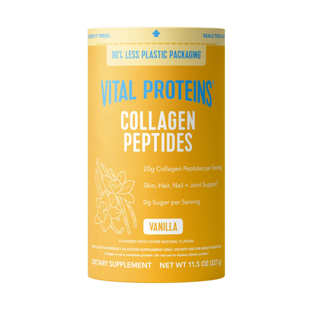 Vital Proteins collagen peptides vanilla bottle pouring into coffee for daily beauty routine