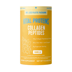 Vital Proteins collagen peptides vanilla bottle pouring into coffee for daily beauty routine