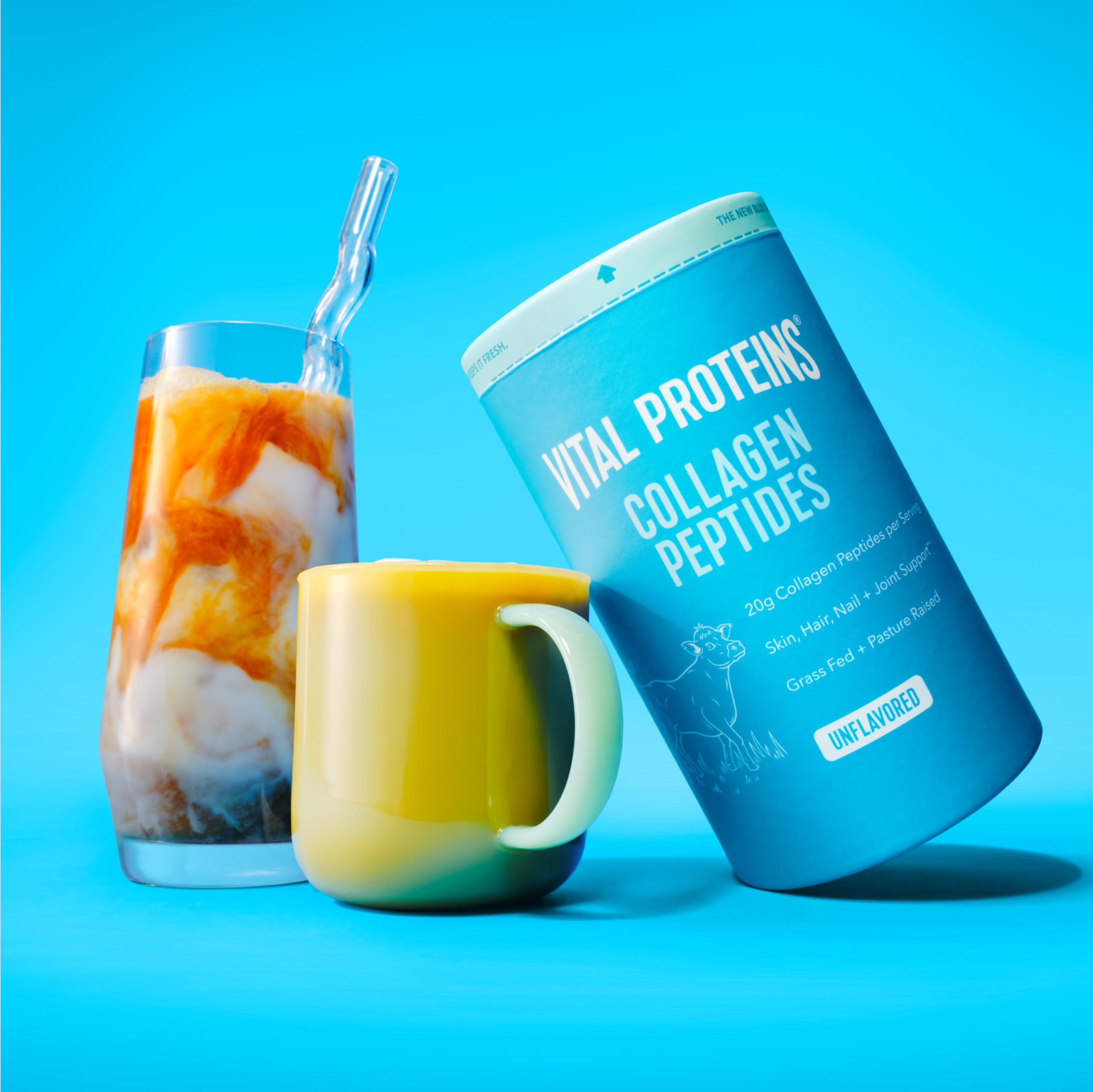 Vital Proteins Collagen Peptides scoop beside bottle for daily collagen routines.