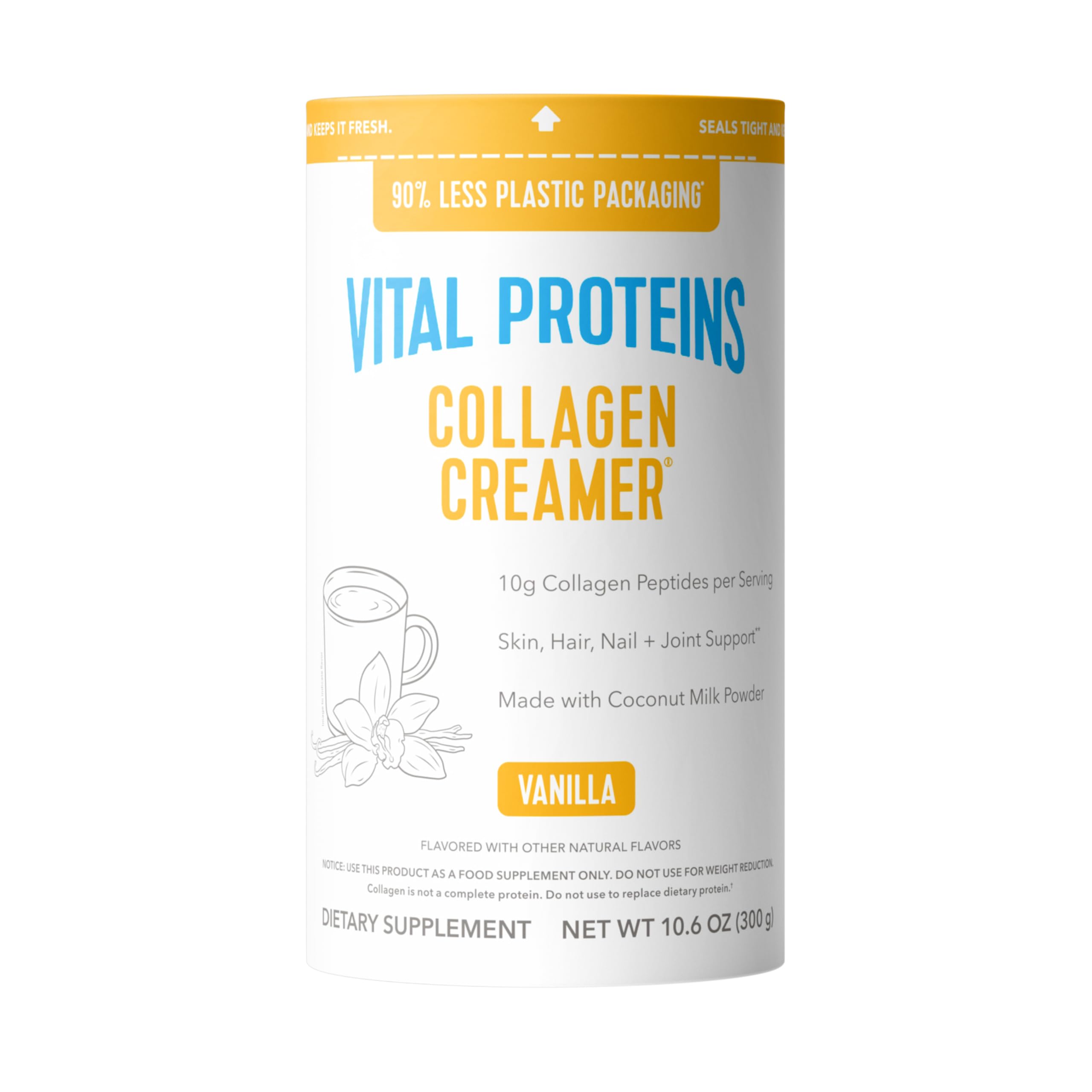 Vital Proteins collagen peptides vanilla creamer bottle for dairy-free coffee flavor.