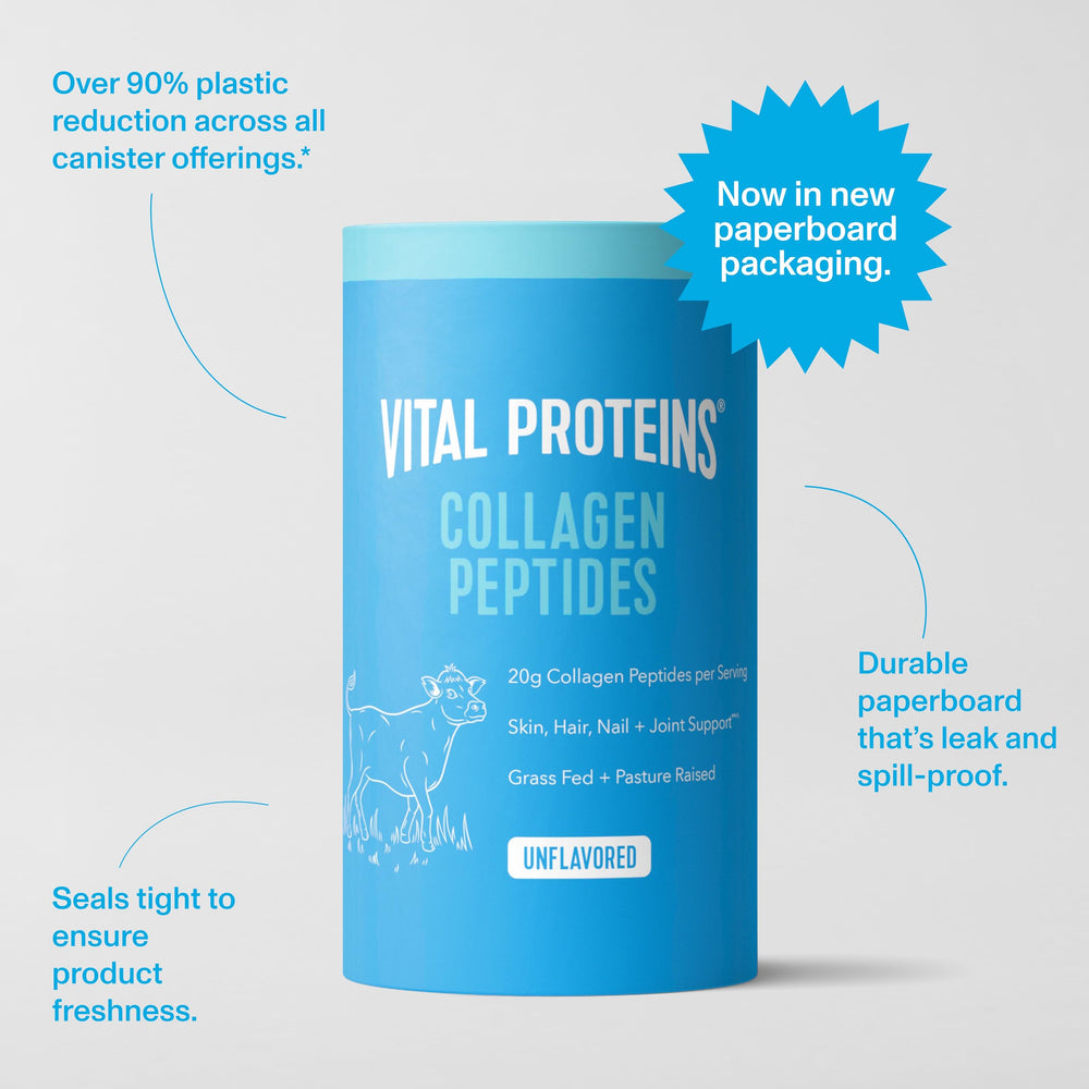 Vital Proteins Collagen Peptides bottle with nutrition panel in kitchen.