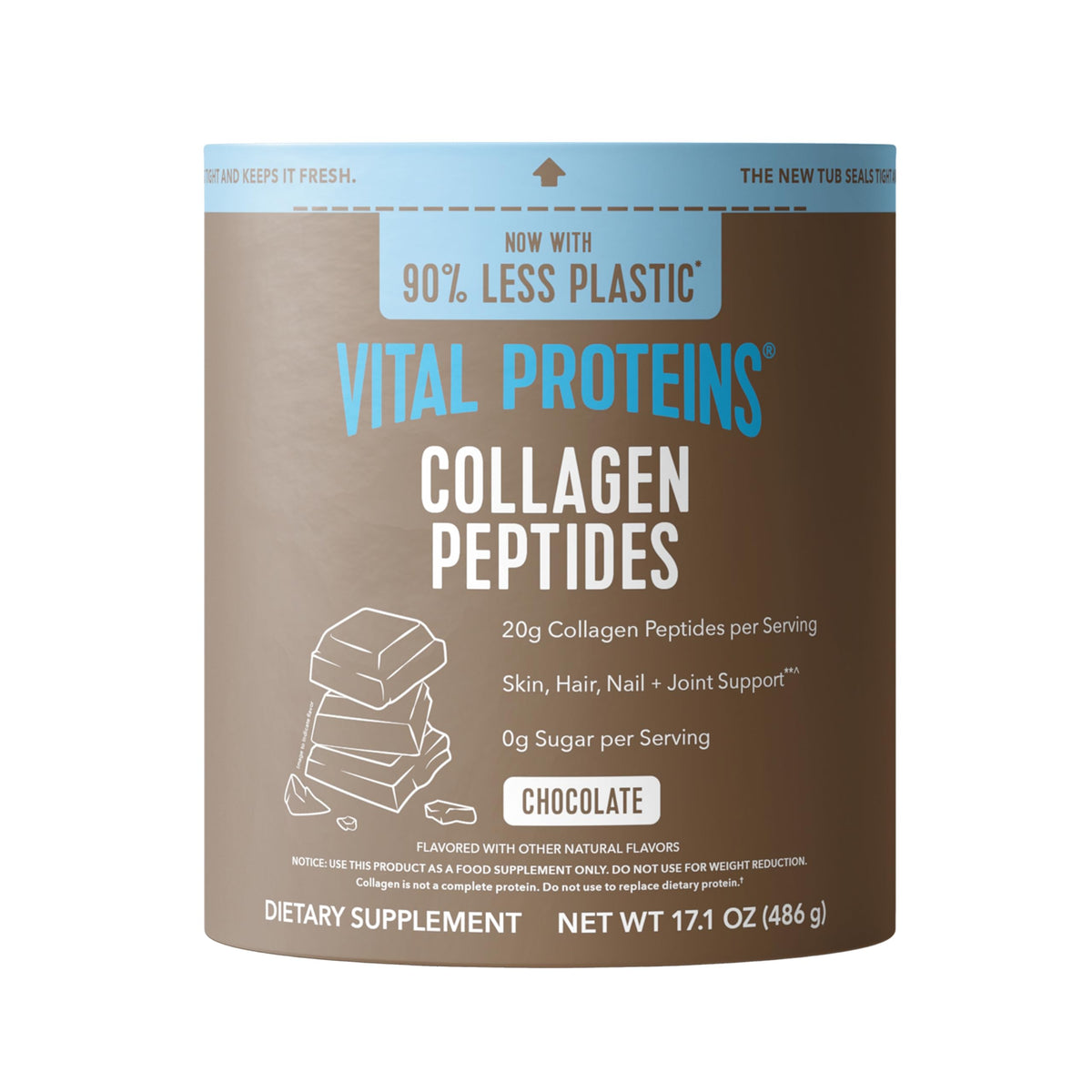 Vital Proteins grass-fed collagen chocolate canister front shows premium powder for daily use