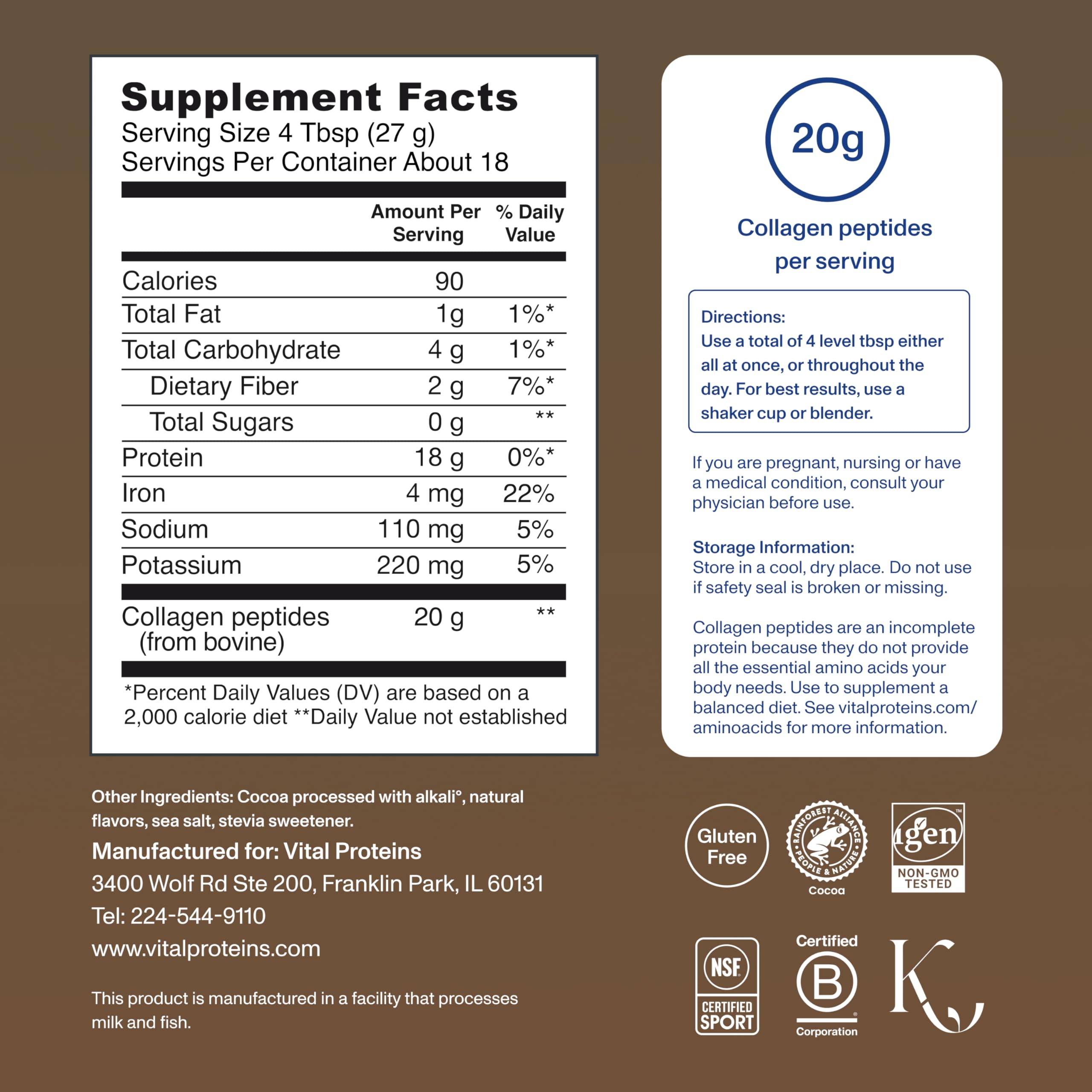 Vital Proteins grass-fed collagen chocolate packaging graphic emphasizing paleo and keto compatibility
