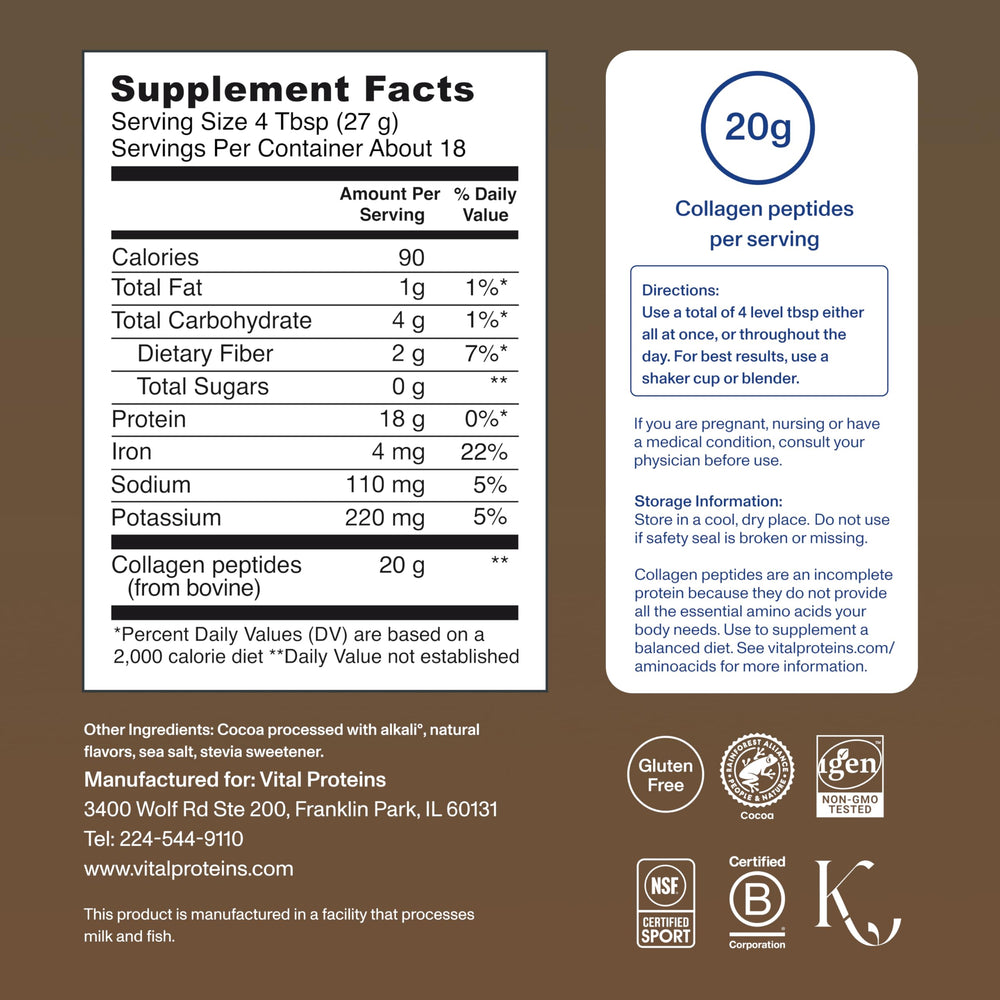 Vital Proteins grass-fed collagen chocolate packaging graphic emphasizing paleo and keto compatibility