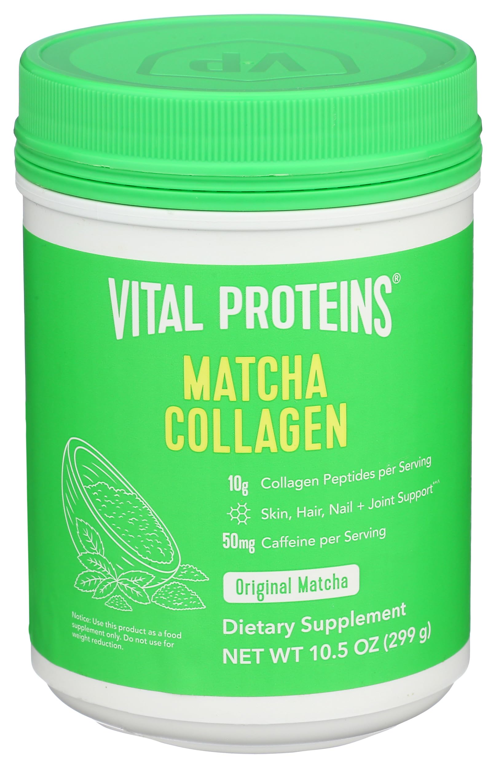 Vital Proteins Matcha Collagen powder beside smoothie, ideal daily routine.
