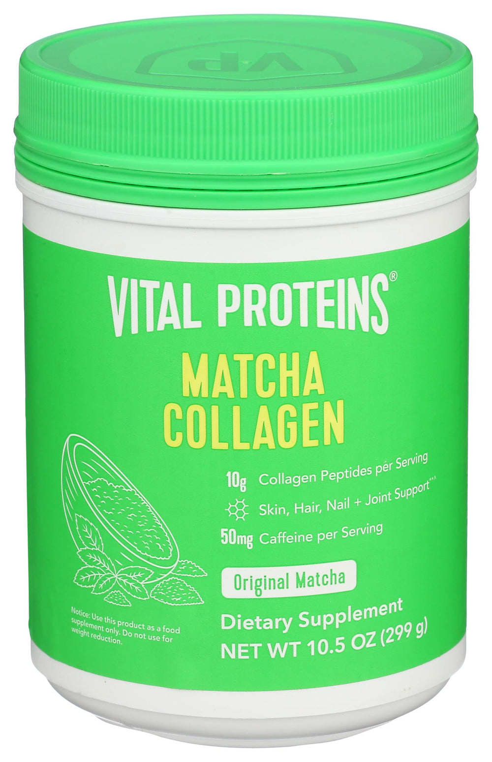 Vital Proteins Matcha Collagen powder beside smoothie, ideal daily routine.