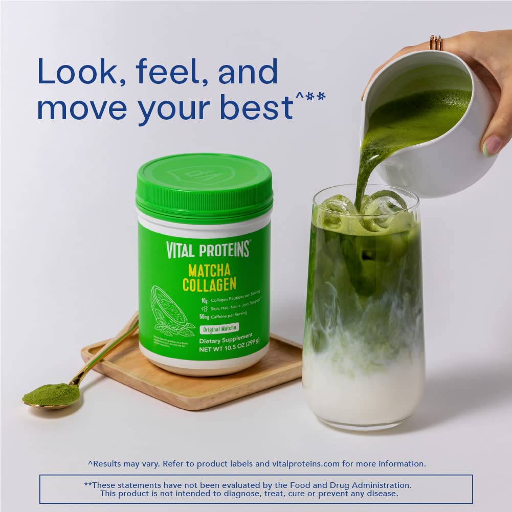Vital Proteins Matcha Collagen scoop resting, convenient supplement for hair, skin, joints.