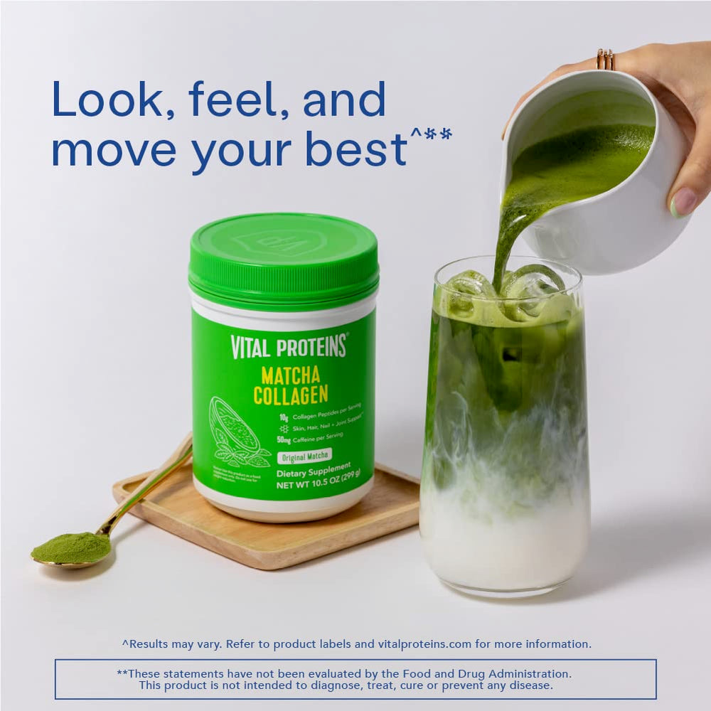 Vital Proteins Matcha Collagen scoop resting, convenient supplement for hair, skin, joints.