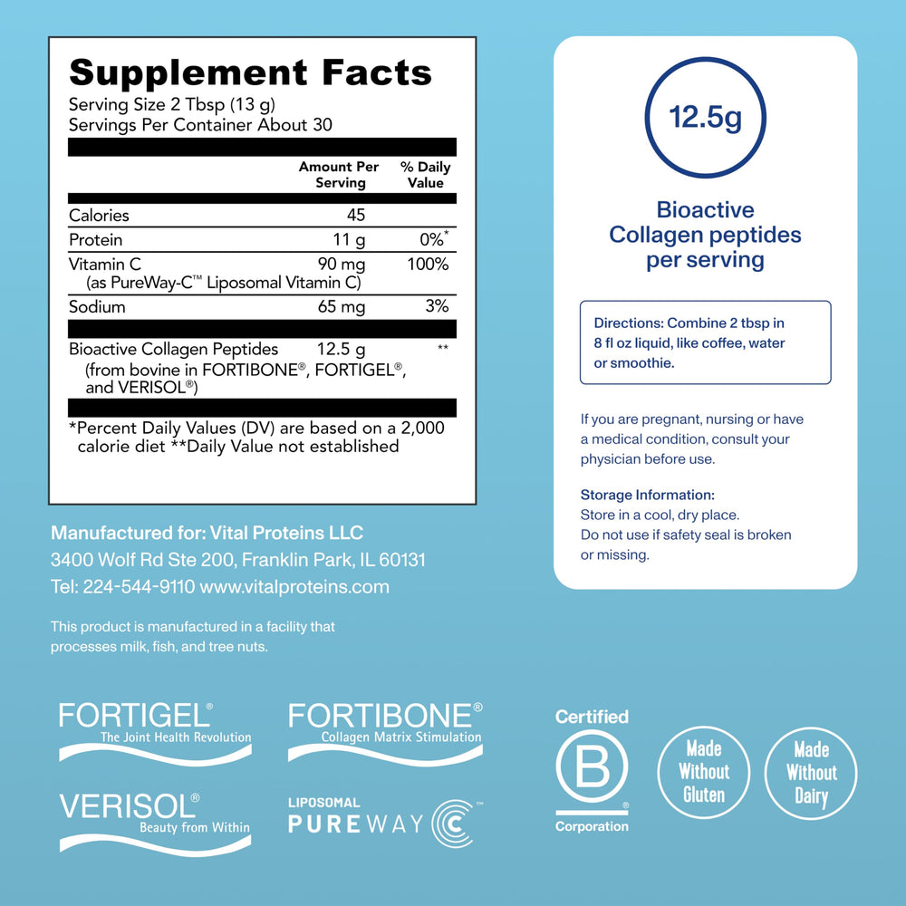 Vital Proteins Professional label closeup emphasizes clean ingredients and gluten-free formula