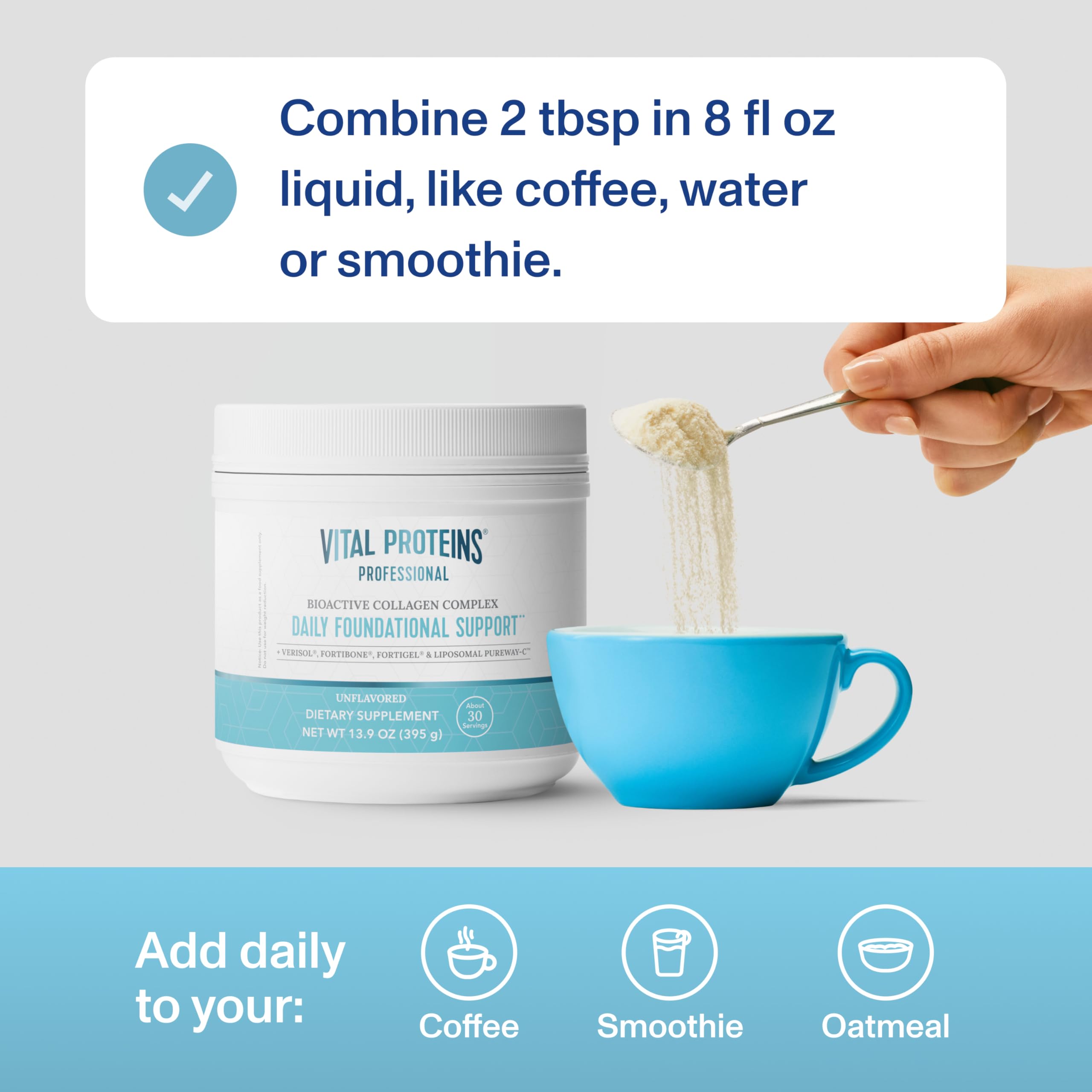 Vital Proteins Professional powder-dissolving action illustrates quick mix-in for smoothies