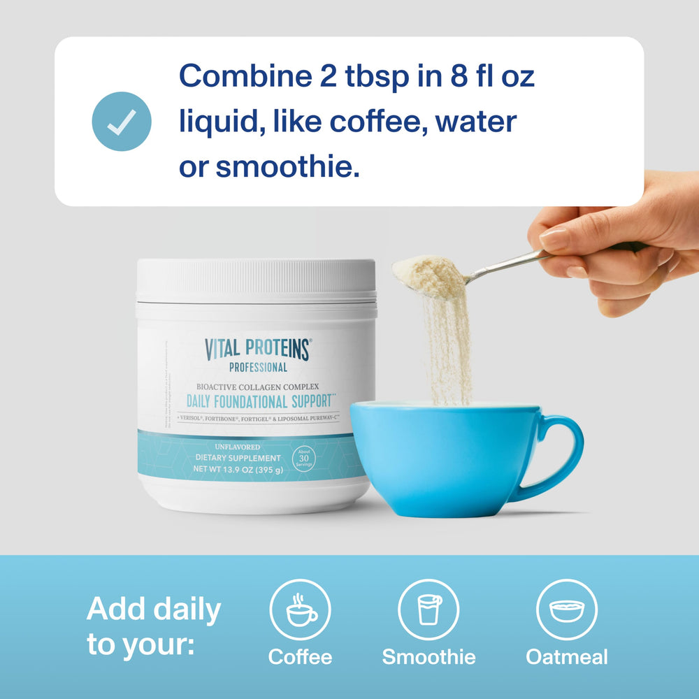 Vital Proteins Professional powder-dissolving action illustrates quick mix-in for smoothies