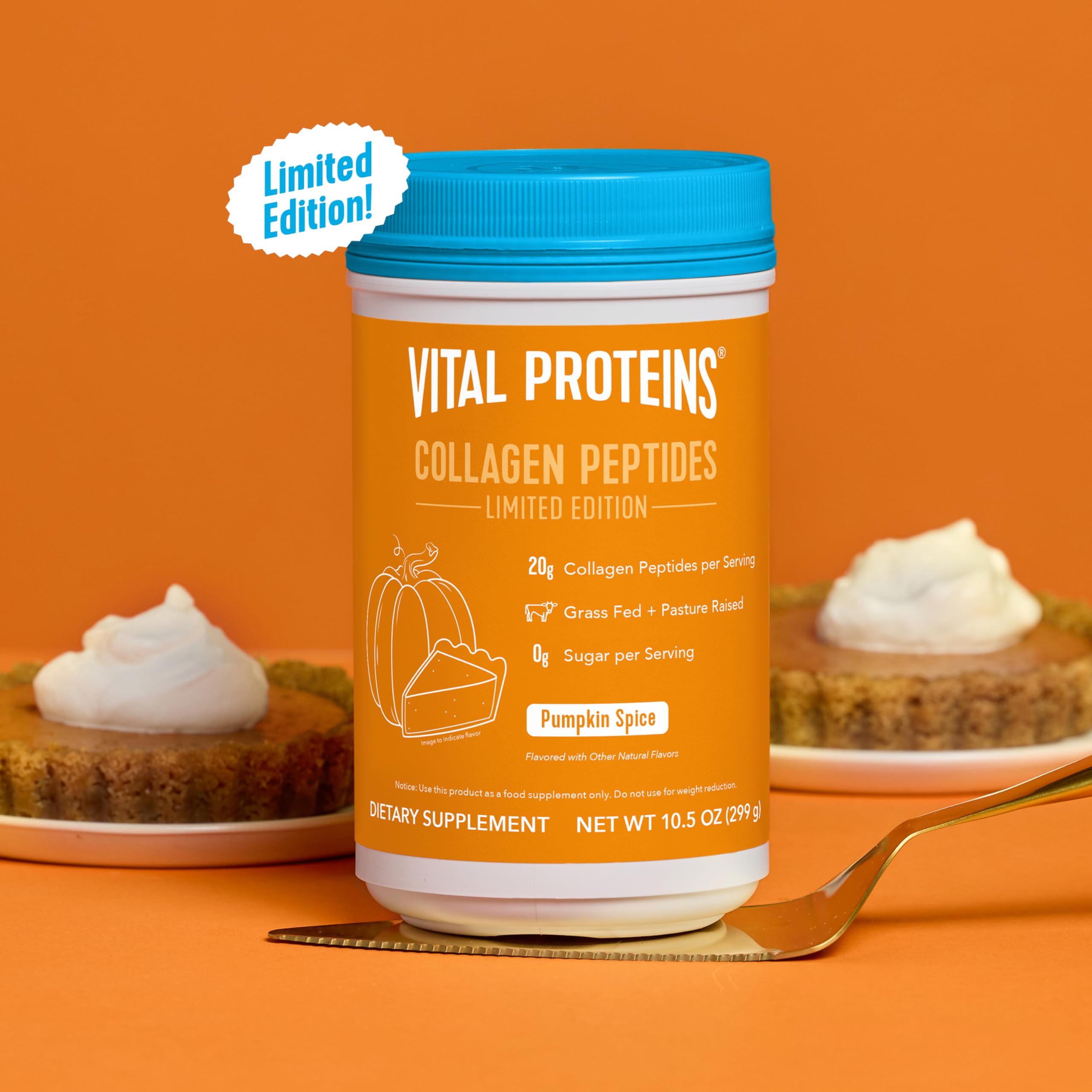 Scoop beside bottle shows 20g serving for easy collagen boost