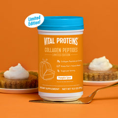 Scoop beside bottle shows 20g serving for easy collagen boost