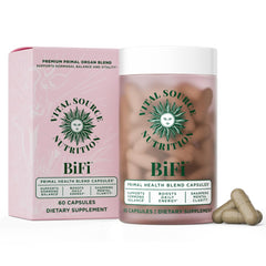 Vital Source BiFi bottle front displays the premium beef organ blend for women's vitality.