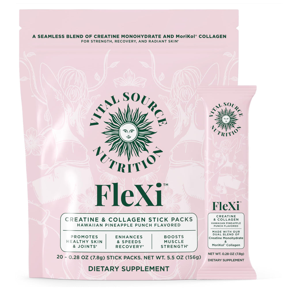 Vital Source Flexi bottle pack shot highlighting the dual-action strength and skin health benefits.