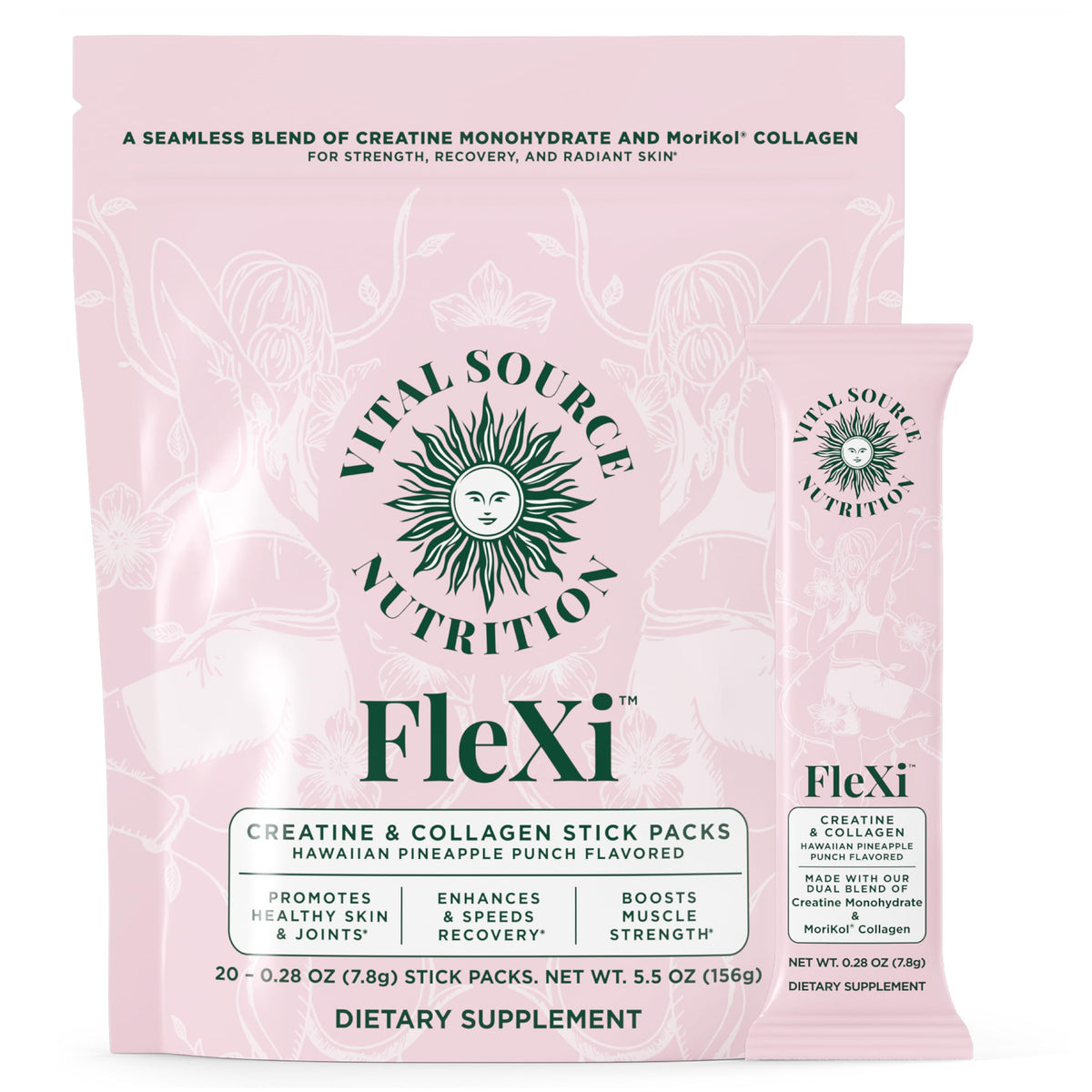 Vital Source Flexi bottle pack shot highlighting the dual-action strength and skin health benefits.