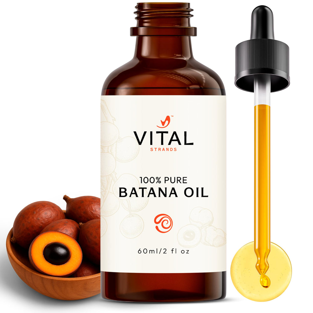 Vital Strands Batana Oil bottle pour demonstrating quick absorption for scalp care