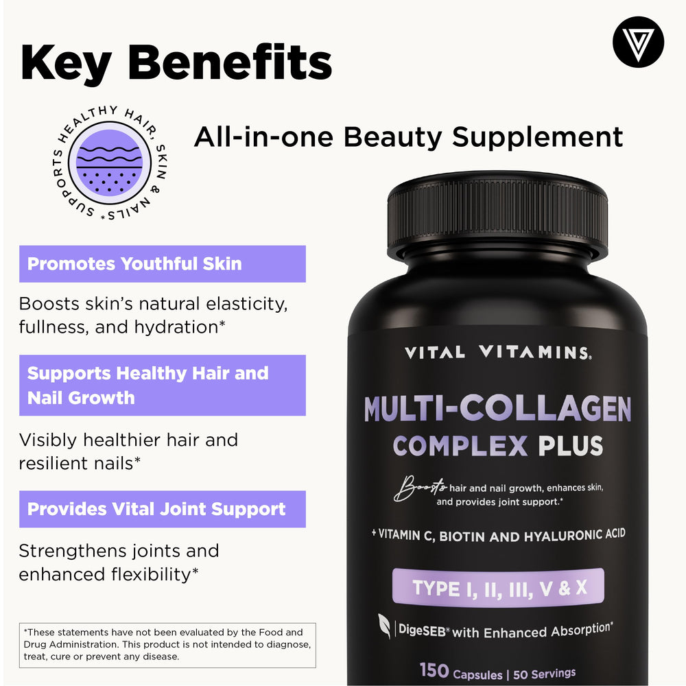 Vital Vitamins biotin hyaluronic acid symbols illustrate skin hydration and elasticity.