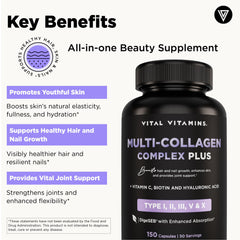 Vital Vitamins biotin hyaluronic acid symbols illustrate skin hydration and elasticity.