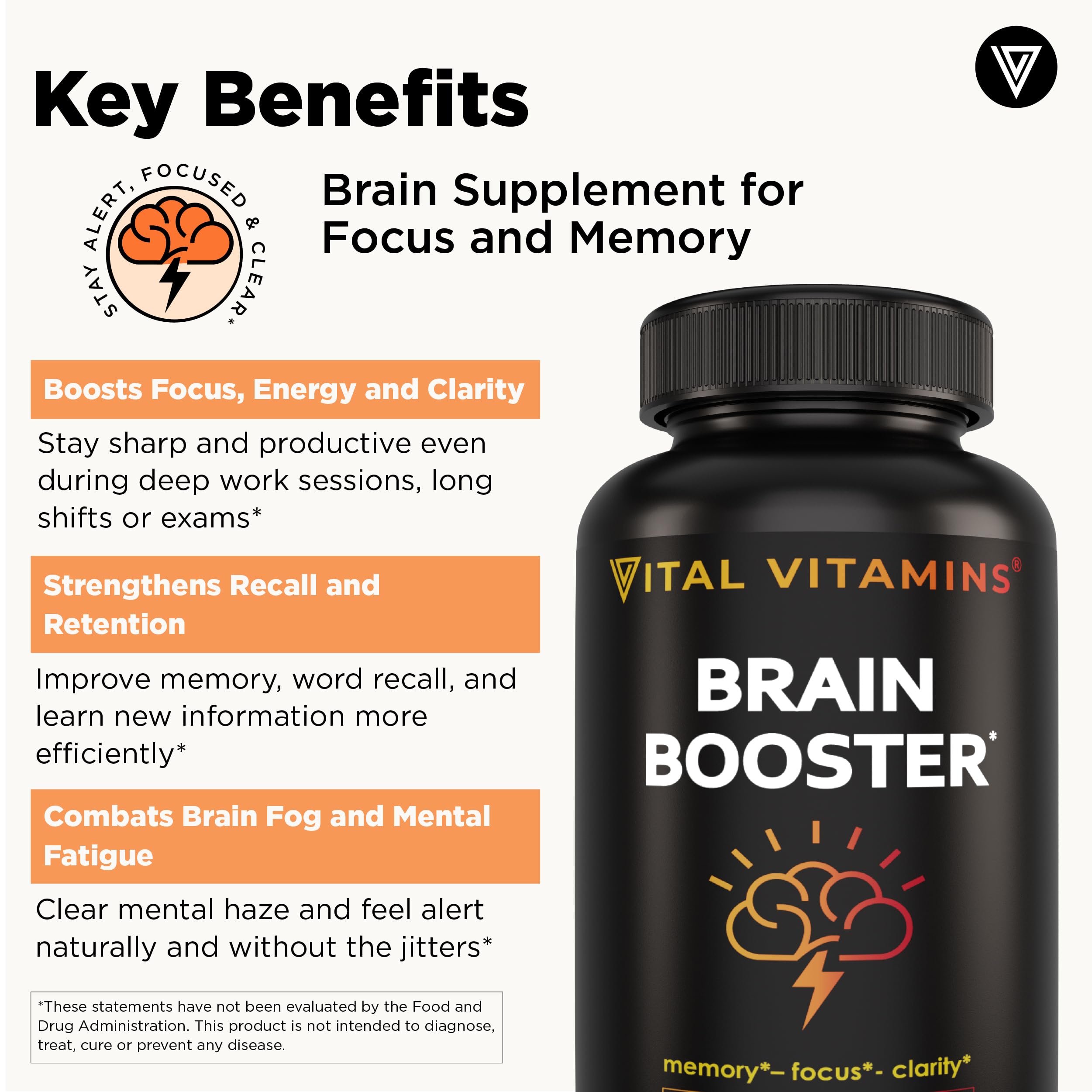 Vital Vitamins Brain Booster packaging emphasizes quality and non-GMO ingredients.
