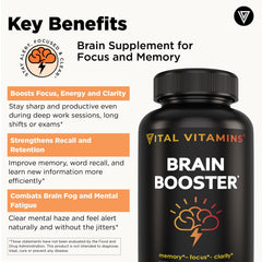 Vital Vitamins Brain Booster packaging emphasizes quality and non-GMO ingredients.