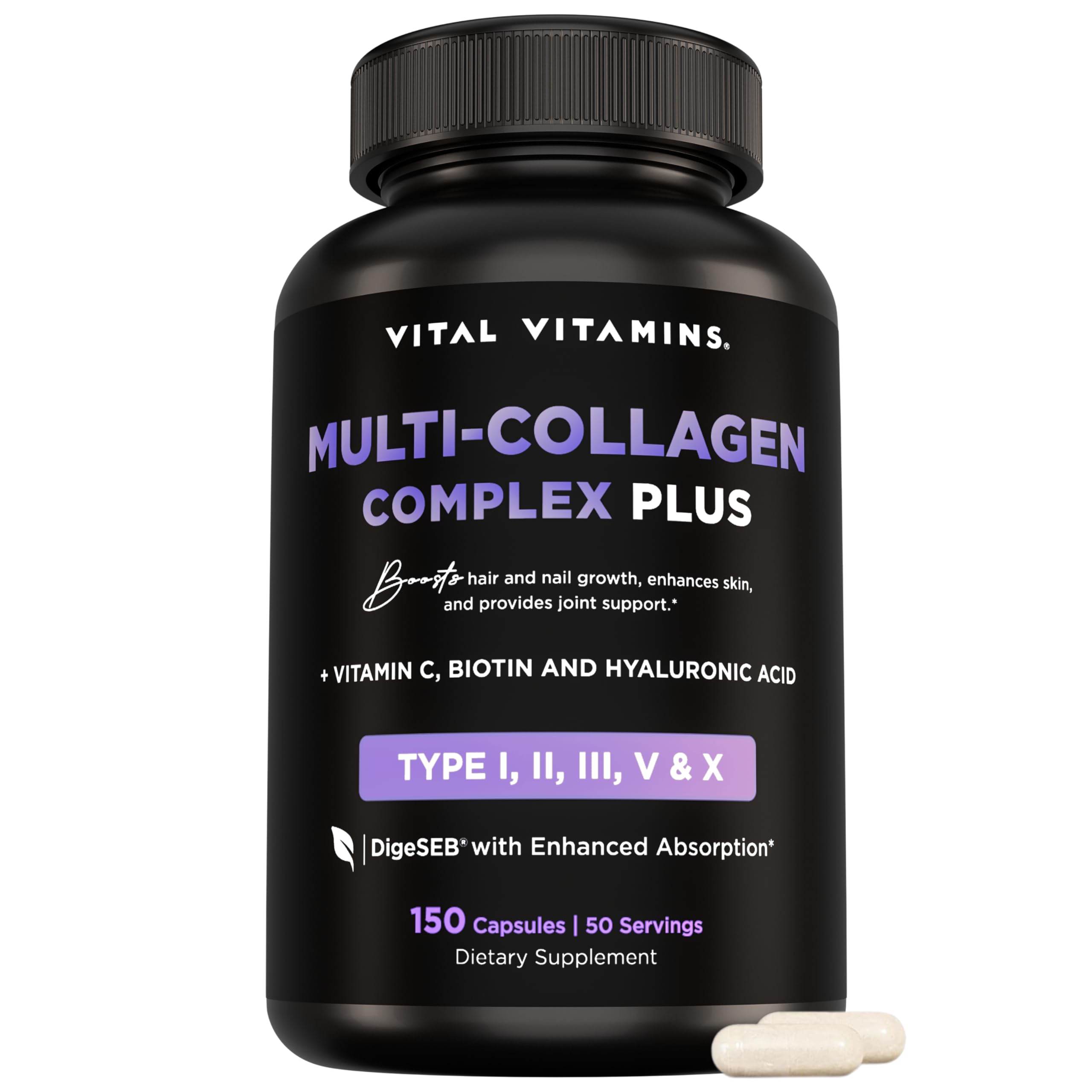 Vital Vitamins collagen capsules bottle front view for radiant skin and strong nails.