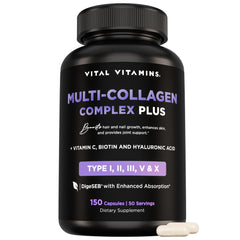 Vital Vitamins collagen capsules bottle front view for radiant skin and strong nails.