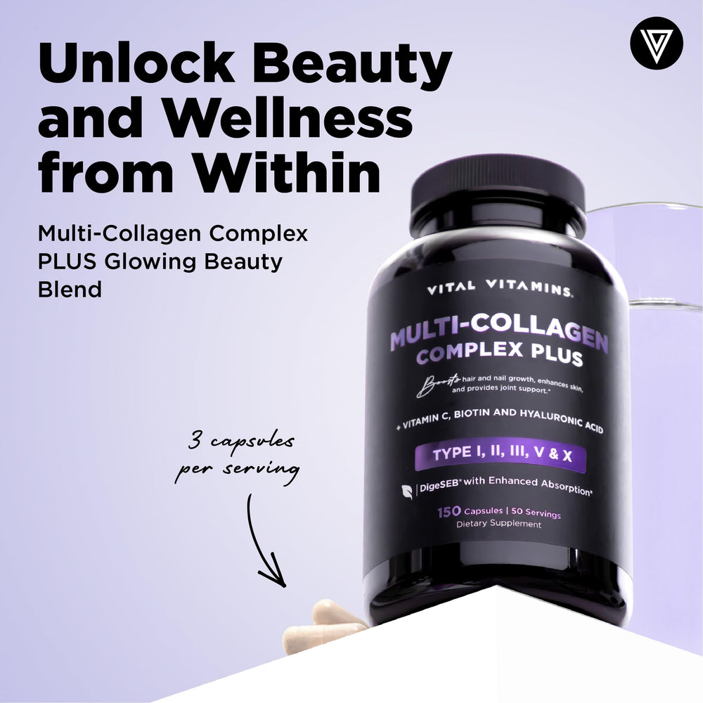 Vital Vitamins collagen bottle label close-up highlighting Type I II III blends for beauty support.