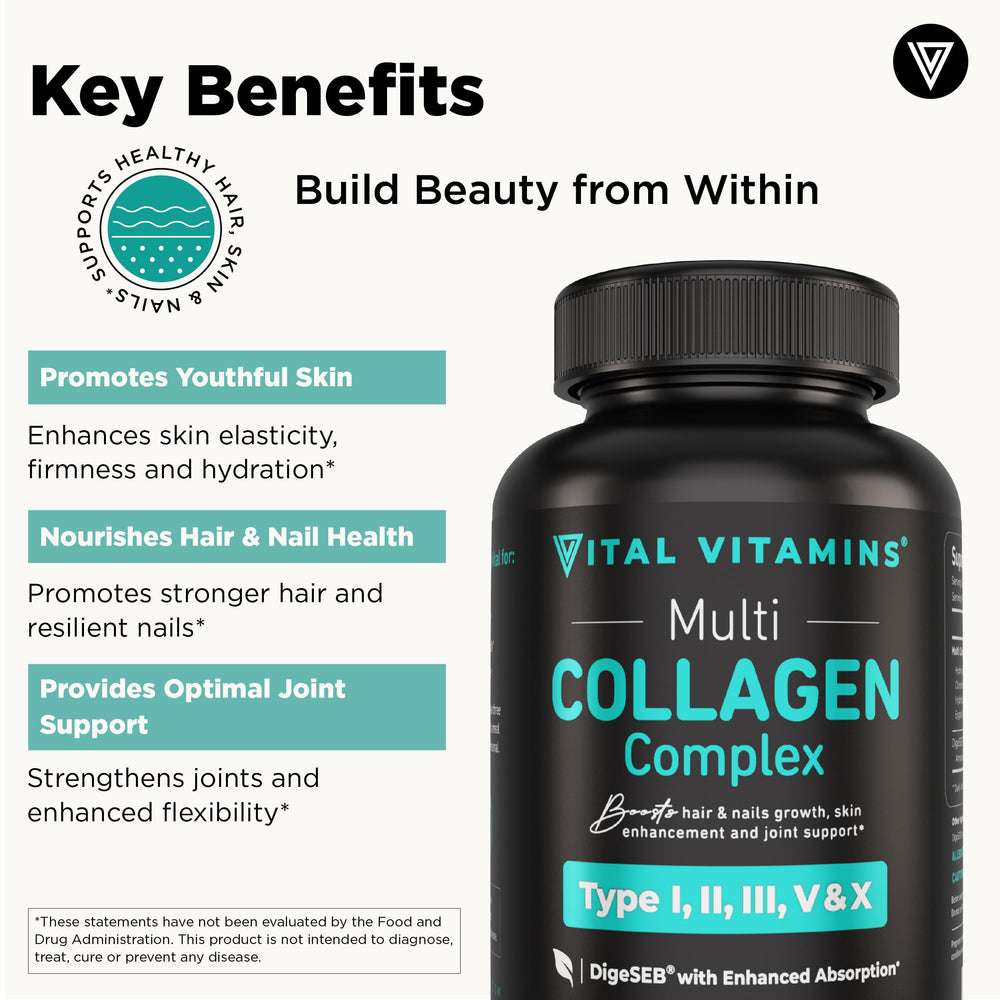 Close-up of Vital Vitamins Multi Collagen capsules for on-the-go convenience.