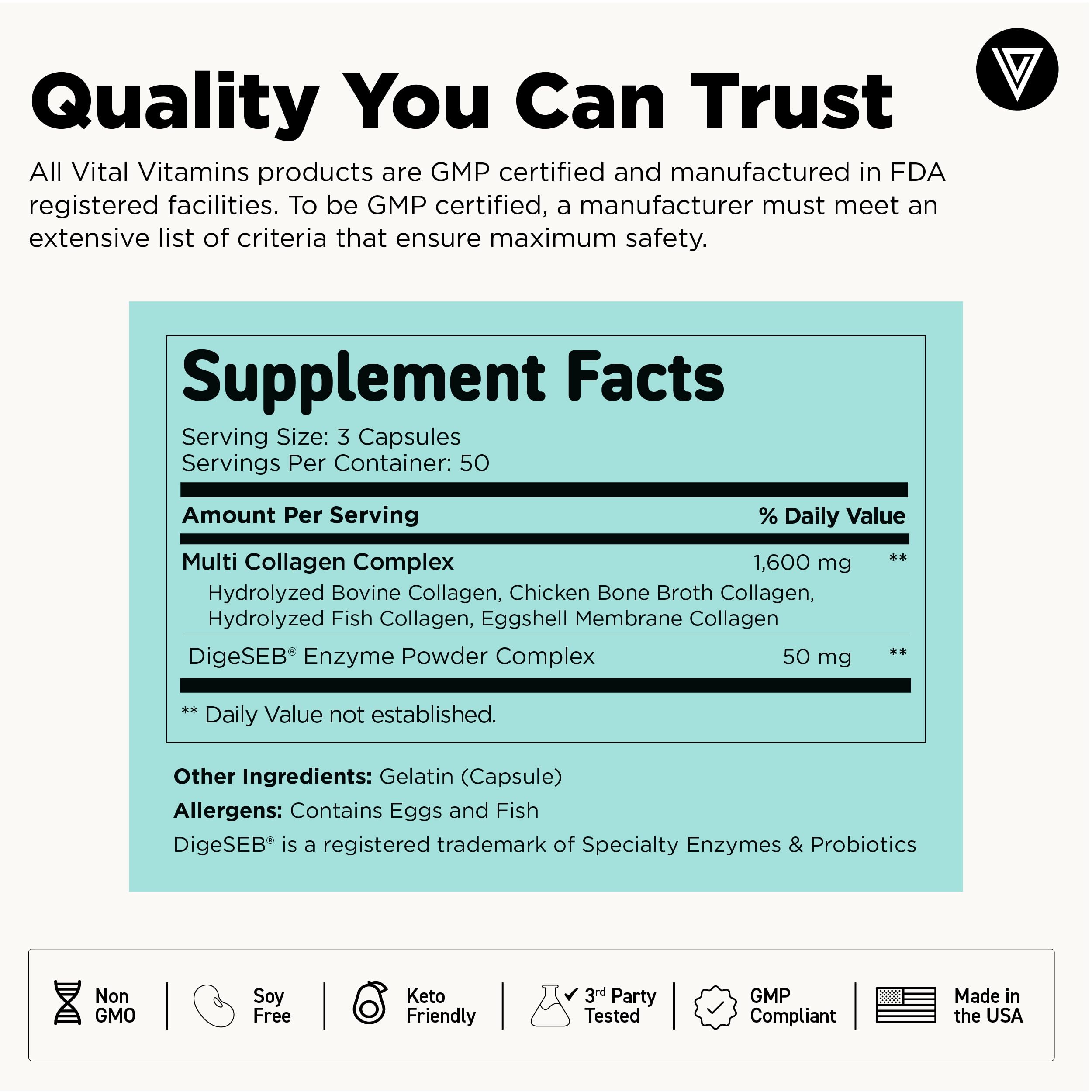 Ingredients label lists collagen types I through X for Vital Vitamins.
