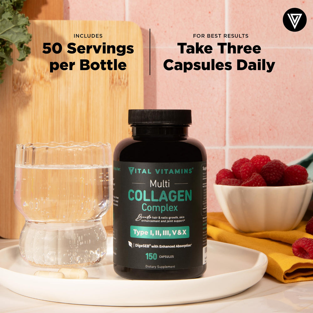 Compact Vital Vitamins Multi Collagen bottle supports an on-the-go routine.