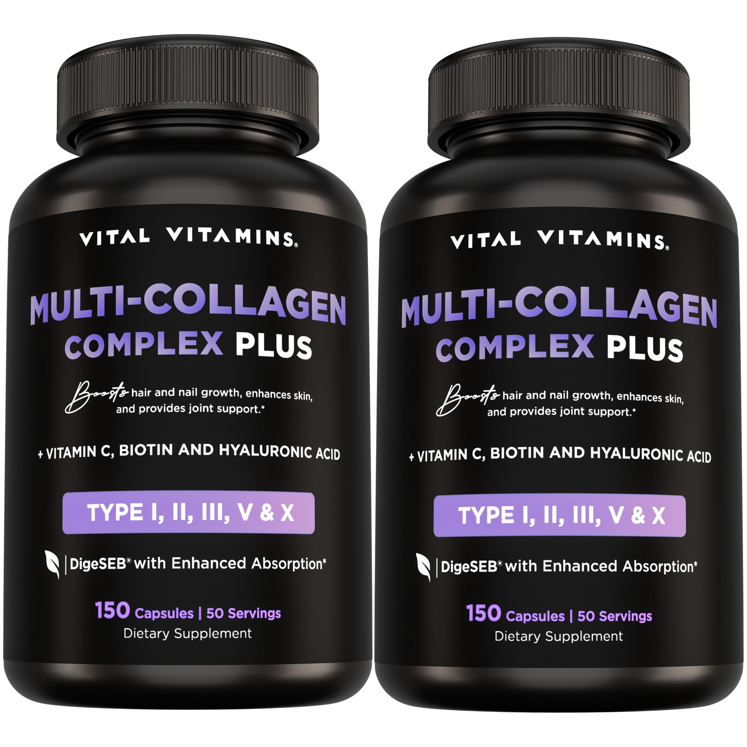 Vital Vitamins Multi Collagen Plus capsules bottle showing convenient beauty and joint support for hair, skin, and nails.
