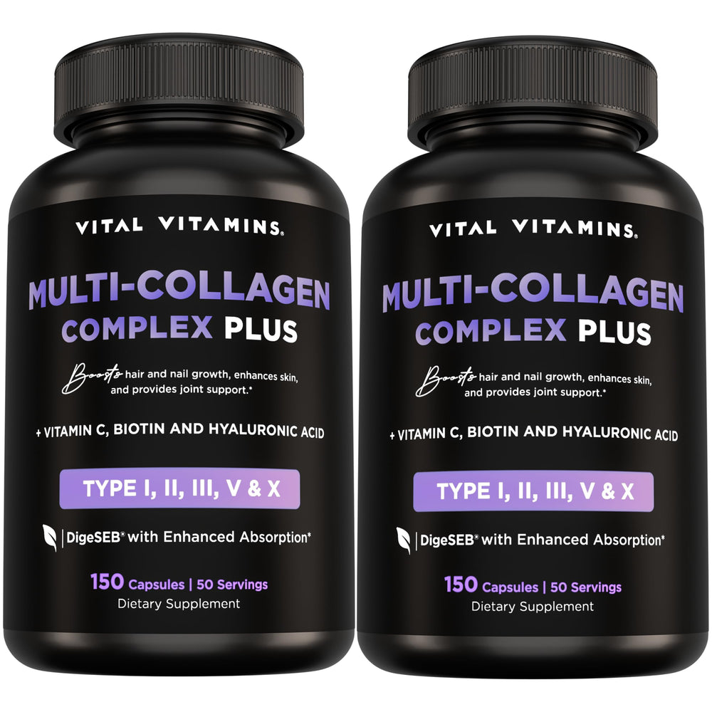 Vital Vitamins Multi Collagen Plus capsules bottle showing convenient beauty and joint support for hair, skin, and nails.