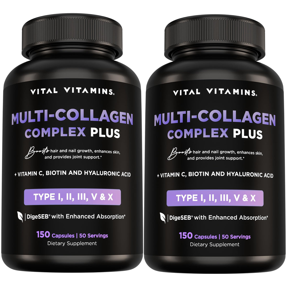 Vital Vitamins Multi Collagen Plus capsules bottle showing convenient beauty and joint support for hair, skin, and nails.