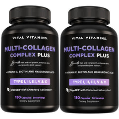 Vital Vitamins Multi Collagen Plus capsules bottle showing convenient beauty and joint support for hair, skin, and nails.