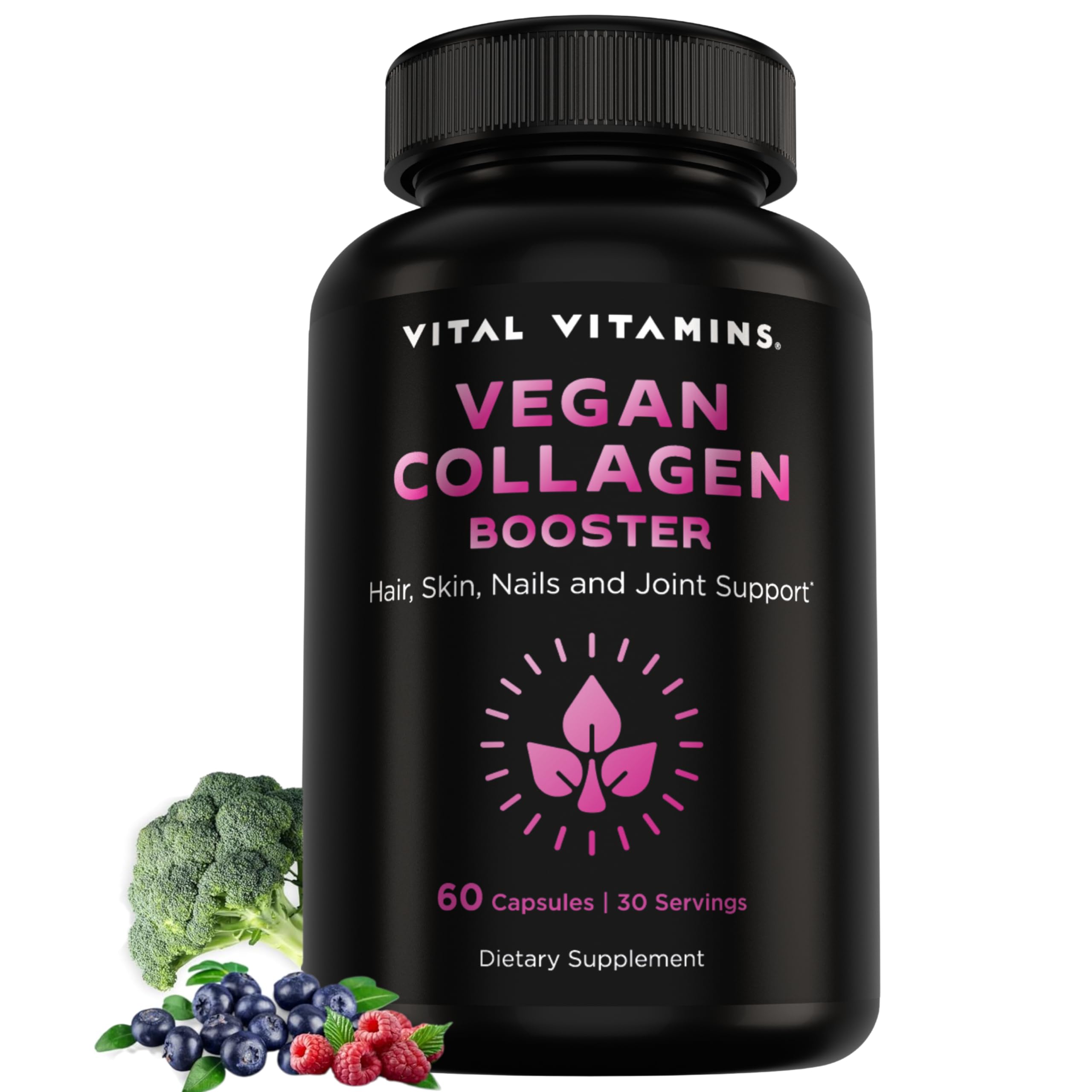 Vital Vitamins Vegan Collagen Booster bottle with eco-friendly packaging for mindful wellness.