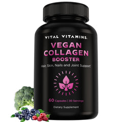 Vital Vitamins Vegan Collagen Booster bottle with eco-friendly packaging for mindful wellness.