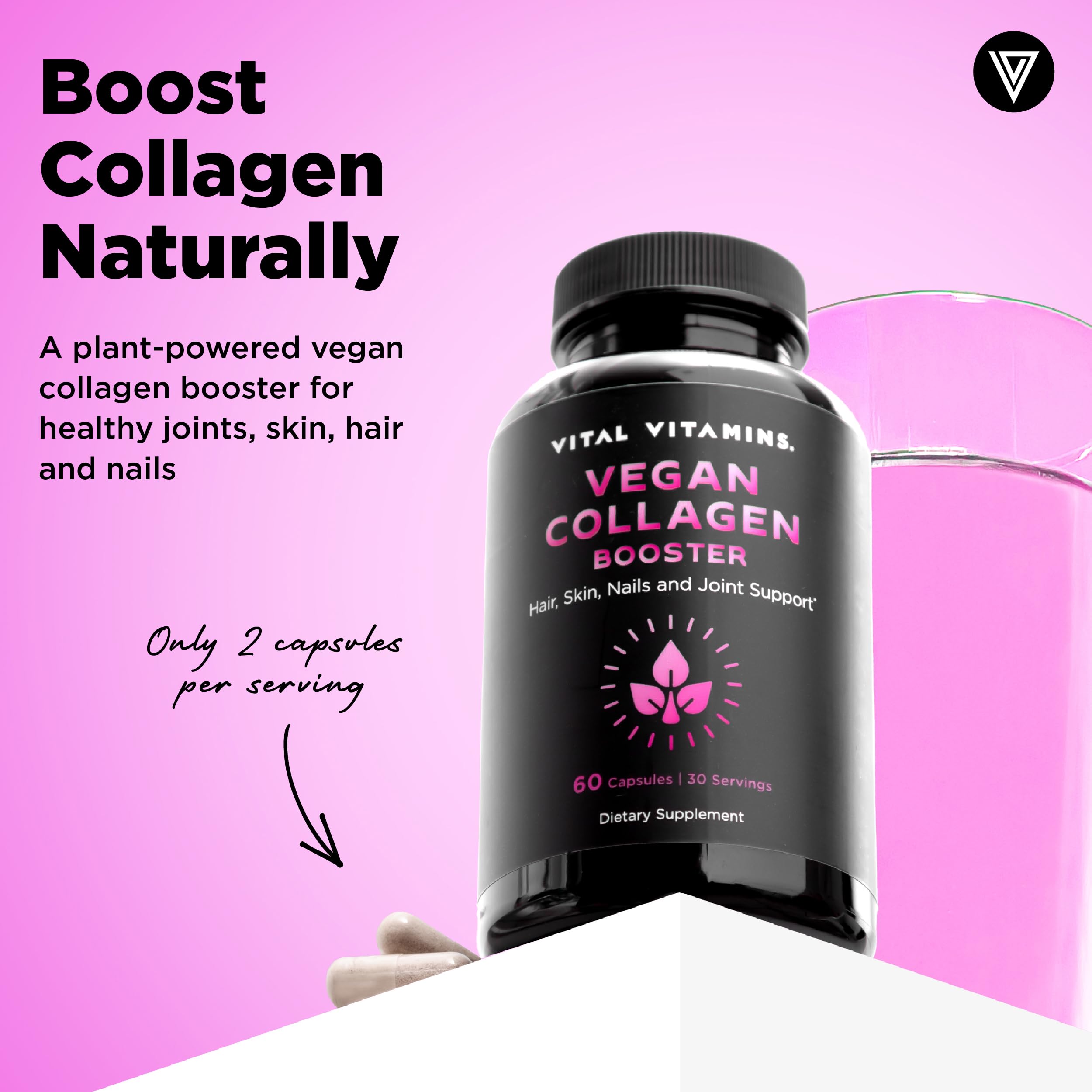 Vital Vitamins Vegan Collagen Booster capsules for easy daily support for hair, skin, and nails.