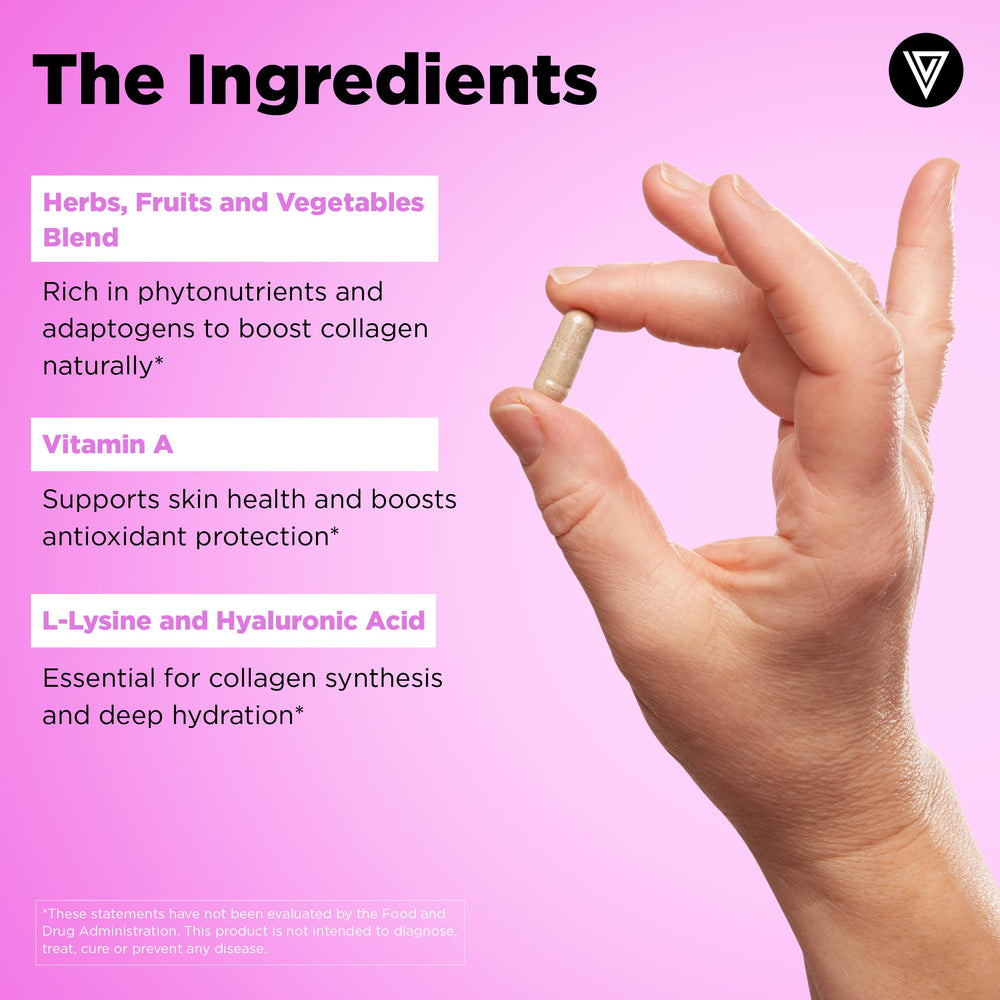 Vital Vitamins Vegan Collagen Booster with hyaluronic acid emphasizes skin hydration and elasticity.