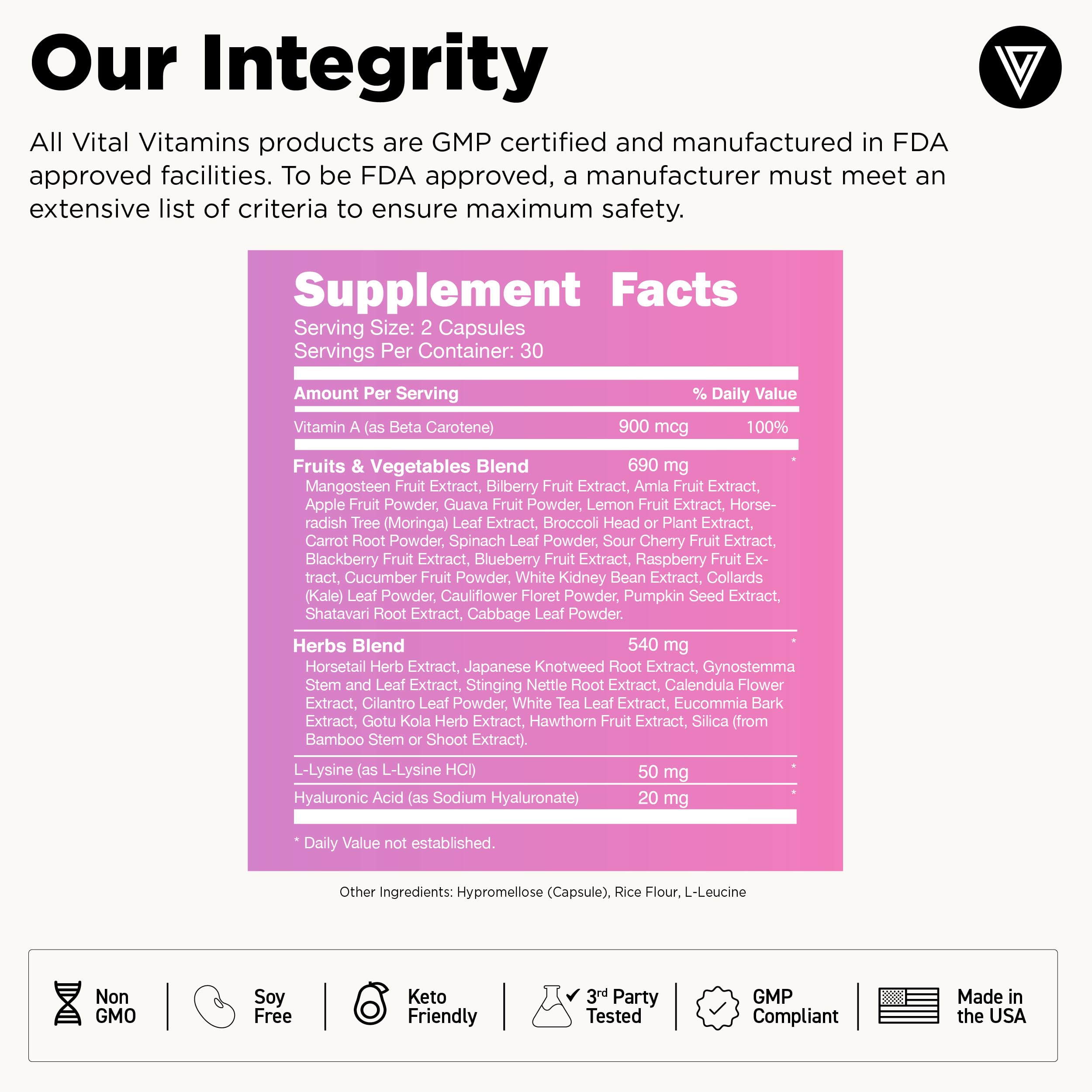 Vital Vitamins Vegan Collagen Booster ingredients blend showcases plant extracts for plant-based vitality.