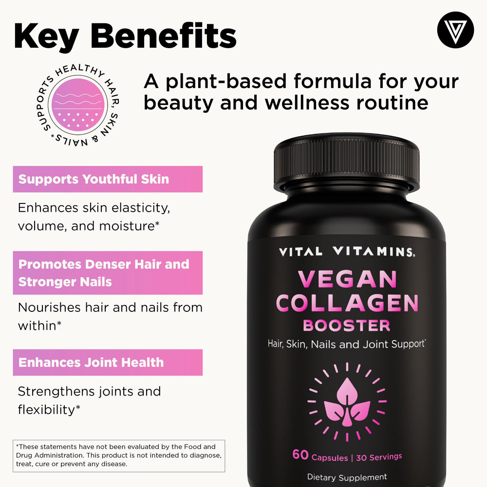 Vital Vitamins Vegan Collagen Booster label design highlights clean, vegan formulation.