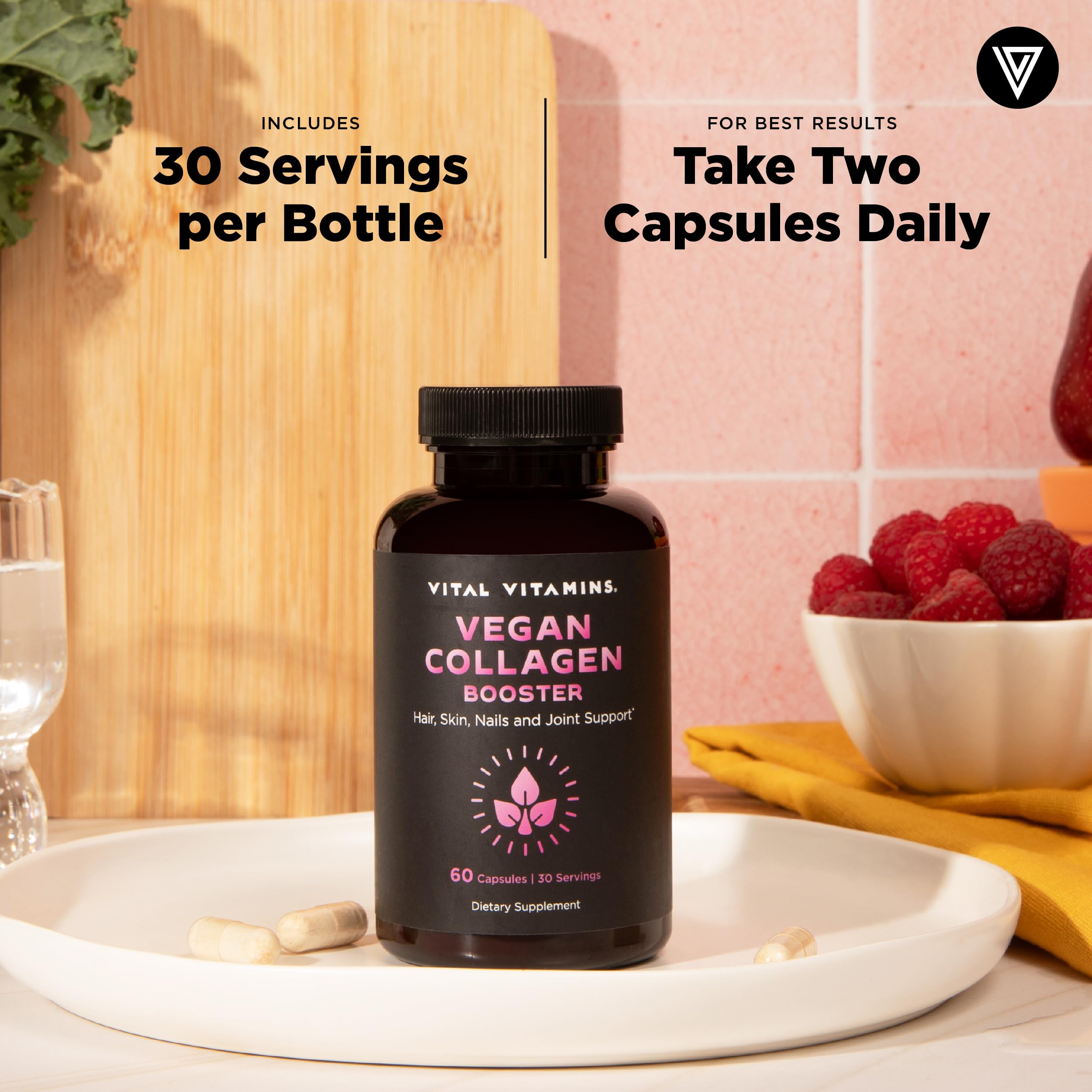 Vital Vitamins Vegan Collagen Booster on-shelf display signals easy daily wellness addition.