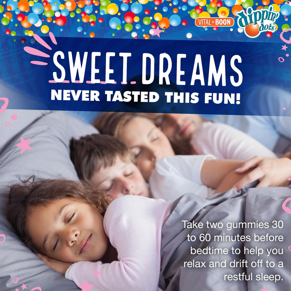 Vital+Boon Dippin Dots close-up of bedtime-use instructions for two gummies.