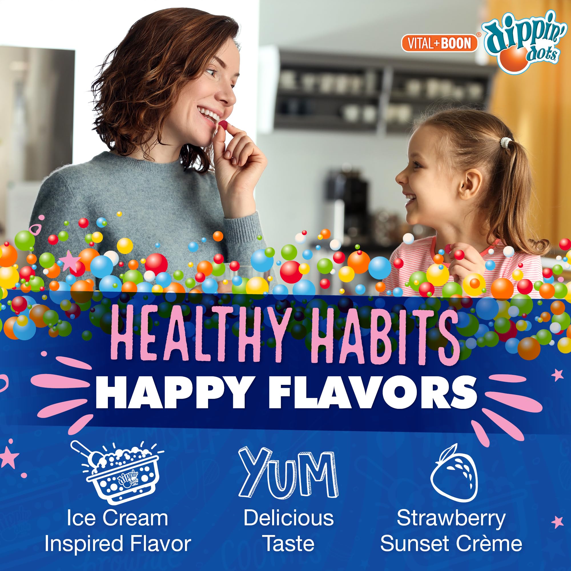 Vital+Boon Dippin Dots gluten-free-vegetarian badge highlighted on label.