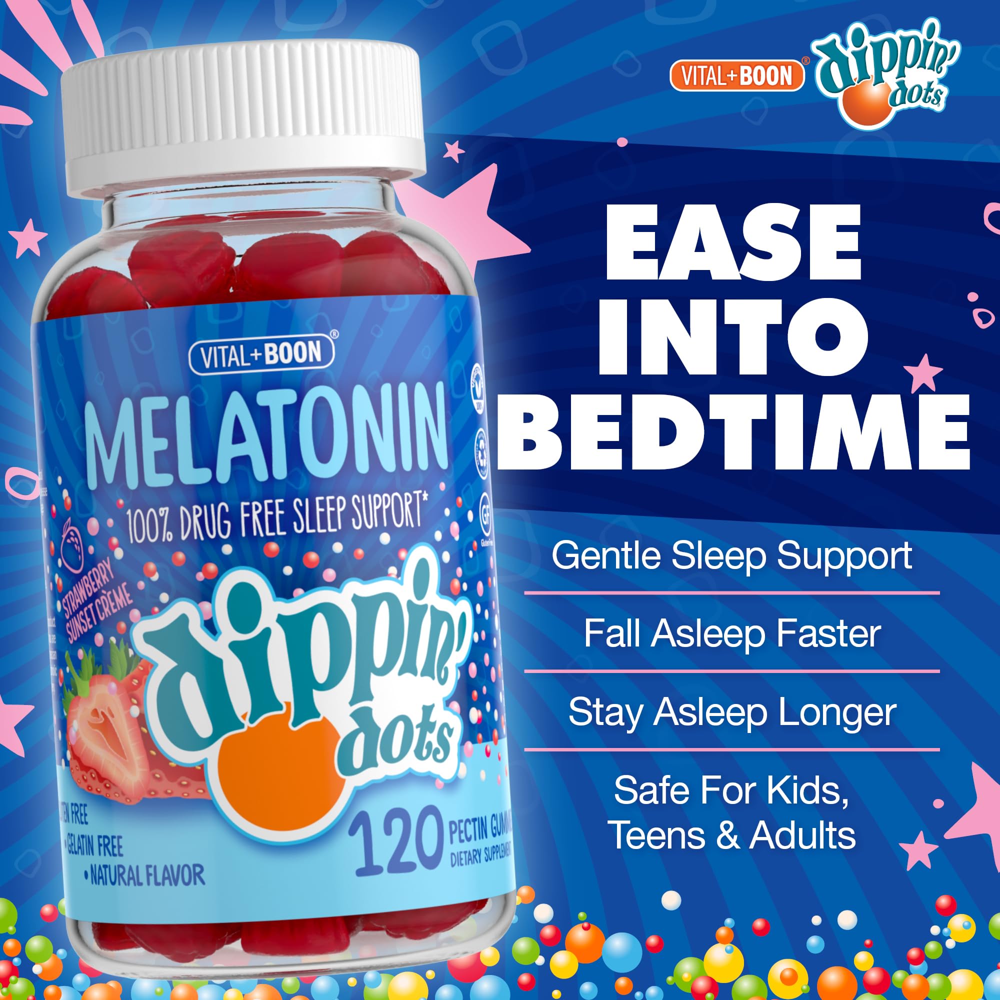 Vital+Boon Dippin Dots gummy-closeup highlighting strawberry sunset creme flavor for bedtime.