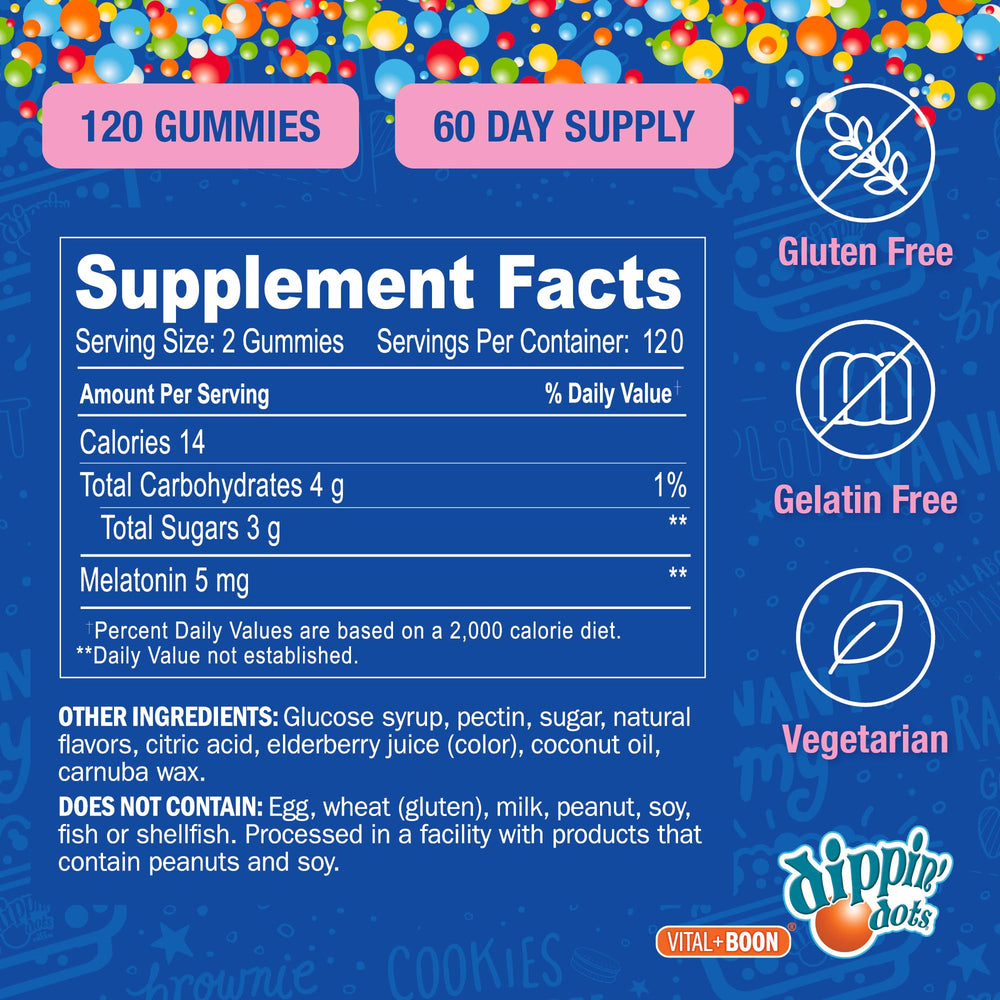 Vital+Boon Dippin Dots travel-use bottle and gummies suitable for trips.