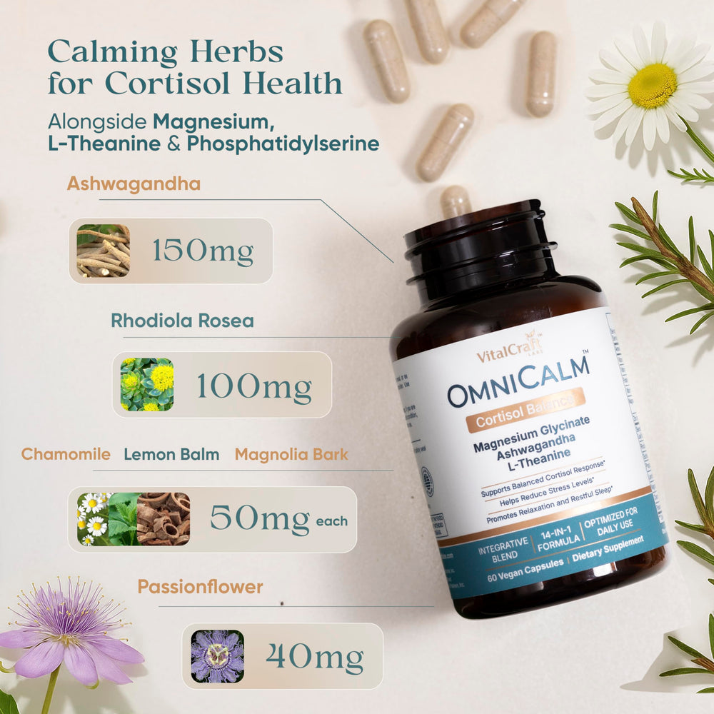 VITALCRAFT LABS OmniCalm bottle side view highlighting capsules for daily balance.